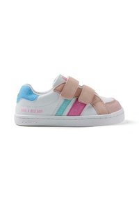 Zapatilla blanca con dos tiras de Velcro, rayas de purpurina en rosa claro y verde azulado, parte trasera azul claro y el texto "¡QUE TENGAS UN BUEN DÍA!" en el lateral.