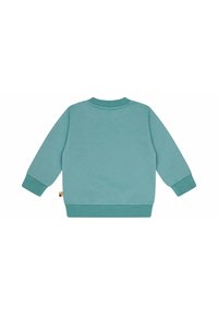 Türkise Sweatshirt mit rundem Halsausschnitt und langen Ärmeln. Verfügt über gerippte Bündchen und Saum sowie ein kleines mehrfarbiges Etikett an der Seite.
