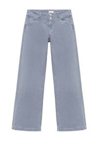 Široke kavbojke iz svetlo sive džinsovine, z visokim pasom, dvema gumboma za zapiranje in sprednjimi žepi. Gladka tekstura z minimalnimi detajli.