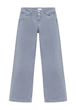 Graue weite Jeans aus hellem Denim mit hoher Taille, doppeltem Knopfverschluss und vorderen Taschen. Glatte Textur mit minimalen Details.