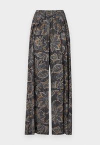 Brede pijpenbroek met een donker bloemmotief en ingewikkelde grijze en oranje patronen. De elastische tailleband zorgt voor comfort en flexibiliteit.