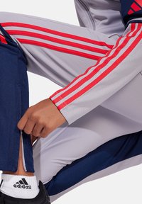 Trackpants in Grau und Marineblau mit roten Doppelstreifen. Mit Reißverschlussöffnungen am unteren Bein und aus strukturiertem Stoff. Schwarze Sneakers und weiße Socken.