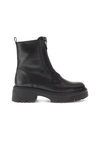 Sorte læder ankelstøvler med kraftig gummisål og frontlynlås, solid grebsål og en strop bagpå for nem påtagning.