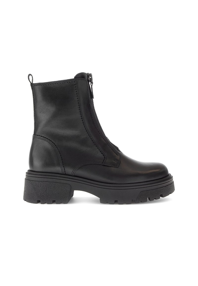 Sorte læder ankelstøvler med kraftig gummisål og frontlynlås, solid grebsål og en strop bagpå for nem påtagning.