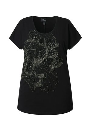 Černá košile s krátkými rukávy, výstřihem do véčka a velkým květinovým vzorem z stříbrných korálků uprostřed přední části.