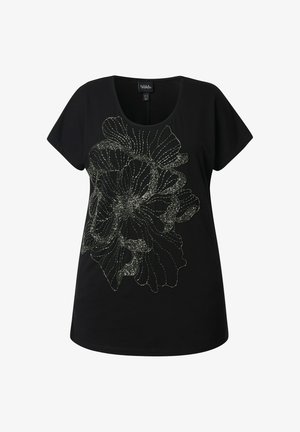 Schwarzes Kurzarmshirt mit rundem Ausschnitt und großem silbernem Perlen-Blumendesign in der Mitte vorne.