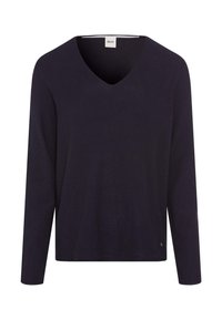 Marineblaues Langarmshirt mit V-Ausschnitt, geripptem Muster, lockerem Schnitt und kleinem Logoakzent an der unteren Seite.