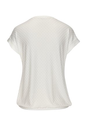 Lichtgewicht wit shirt met korte mouwen en een subtiele chevronstructuur. Ronde hals en een ontspannen pasvorm. Zachte stof met een vloeiende val.