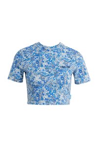 Short-sleeve crop top in blue floral pattern, made of soft fabric with a crew neckline. Features logo detail and blue accents.