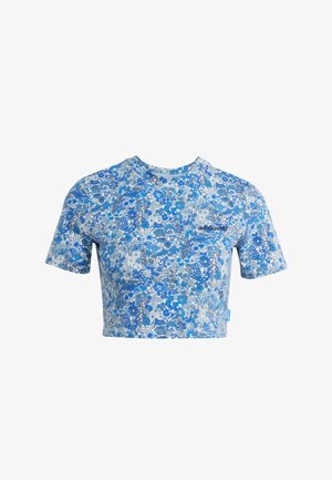 Kurzärmliges Crop-Top im blauen Blumenmuster, aus weichem Stoff mit Rundhalsausschnitt. Verfügt über ein Logodesign und blaue Akzente.