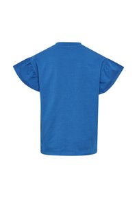 Blå bomulls t-shirt med korta, volangärmar, rund halsringning och rak skärning. Lätt och mjuk textur, utan mönster eller ytterligare detaljer.