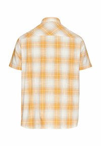 Korte mouwen, ontspannen pasvorm shirt in een wit en oranje ruitpatroon met een zachte textuur en een puntkraag.