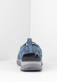 Blue sandal with breathable mesh upper, padded heel, and gray rubber sole. Features adjustable straps and a reinforced pull tab at the back.