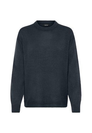 Dark gray knitted sweater with a crew neckline, ribbed cuffs and hem, featuring a textured fabric and loose, long sleeves.