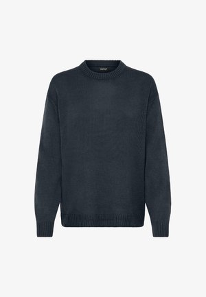 Mørkegrå strikket genser med rund hals, ribbestrikkede ermer og kant, med et teksturert stoff og løse, lange ermer.