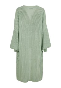 Ljusgrön chunky stickad cardigan med långa, vida ärmar och en lös, öppen design som visas bakifrån.
