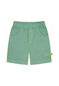 Shorts verde menta con vita elastica, due tasche laterali e un piccolo etichetta logo sul lato destro in colori contrastanti.