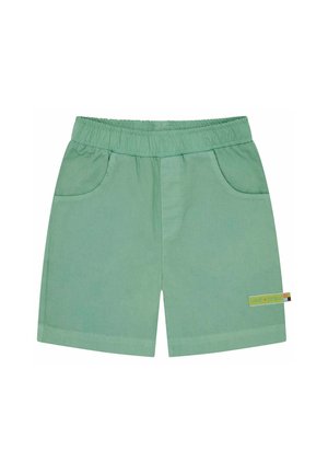 Shorts verde menta con vita elastica, due tasche laterali e un piccolo etichetta logo sul lato destro in colori contrastanti.