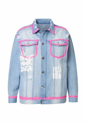 Denim jacket in light blue featuring distressed details, pink trim at the collar and hem, and white text graphics on the front.