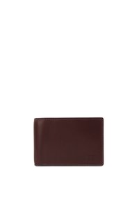 Cartera de cuero marrón con un acabado suave, forma rectangular y costuras sutiles. Presenta el logotipo en relieve "JOST" en la esquina inferior derecha.