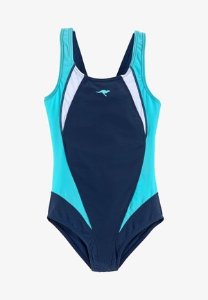 Maillot de bain une pièce en bleu marine et aqua avec des panneaux contrastants. Dispose de fines bretelles, d'un tissu élastique et d'un logo kangourou sur la poitrine.