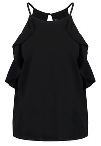 Černý bezrukávový top s volánkovými akcenty, s tenkými ramínky a detaily ve tvaru klíčové dírky na zadní části, vyrobený z lehkého materiálu.