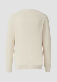 Cremfarbener gestrickter Pullover mit langen Ärmeln und rundem Halsausschnitt. Rippenbündchen am Saum und an den Ärmeln, schlichte Rückendekoration, keine zusätzlichen Verzierungen.