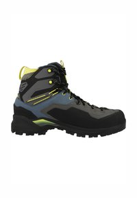 Botas de senderismo hechas de material sintético negro con acentos en gris y azul. Presentan cordones y herrajes amarillos, suela texturizada y collar acolchado.