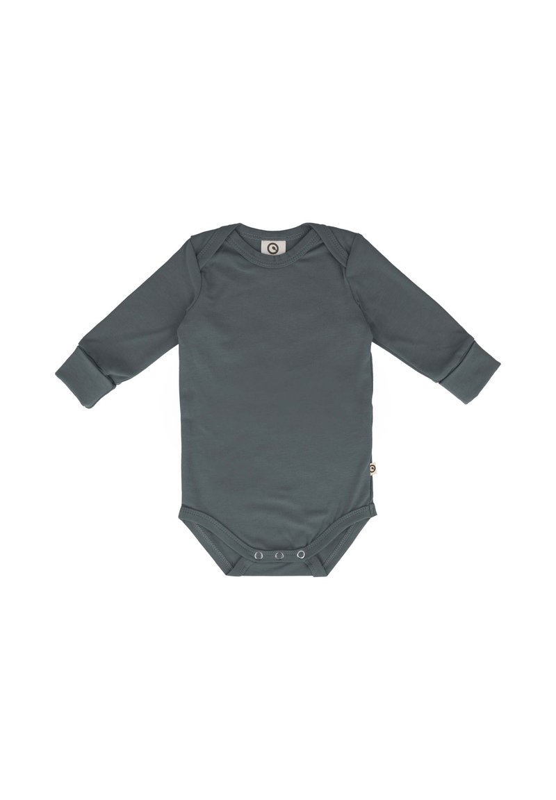 Long-sleeve bodysuit in dark grey, made from soft fabric. Features a round neckline, snap closures at the bottom, and cuffed sleeves.