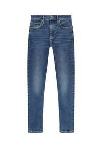 Jean bleu en denim avec une coupe slim, cinq poches, coutures apparentes et une légère texture usée sur le tissu.