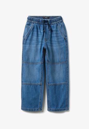 Pantaloni in denim blu con vita elasticizzata e coulisse, dotati di tasche laterali e design patchwork con cuciture ben definite.