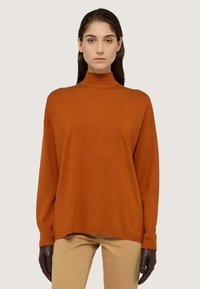 Rollkragenpullover in verbranntem Orange, gefertigt aus einem weichen Strickstoff. Verfügt über eine lockere Passform und ein dezentes Logo-Detail am Saum.