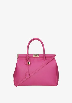 Borsa a tracolla in pelle rosa con una forma strutturata, manici doppi e una tracolla rimovibile. Dettagli in oro e chiusura distintiva.