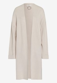 Beżowy sweter z dzianiny z otwartym przodem, długimi rękawami i podwiniętymi mankietami. Wykonany z miękkiego materiału o gładkiej teksturze i prostym designie.