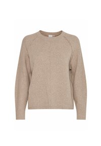Pull en tricot beige avec un col rond, des manches raglan longues et un ourlet côtelé. Présente une finition texturée et des coutures centrales.