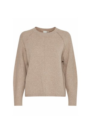 Beige knit sweater with a round neckline, long raglan sleeves, and a ribbed hem. Features a textured finish and central seams.