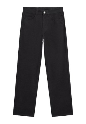 Black, straight-leg jeans made of denim with a smooth texture. Features five pockets, a button closure, and a zipper fly.