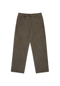 Brown corduroy trousers with a loose fit, straight leg design, two front pockets, and a single rear pocket. Features a button and zip closure.