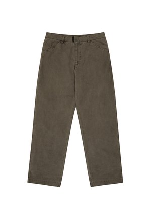 Brown corduroy trousers with a loose fit, straight leg design, two front pockets, and a single rear pocket. Features a button and zip closure.