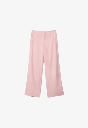 Pantaloni a gamba larga rosa chiaro realizzati in tessuto liscio. Presentano una vita strutturata e gambe dritte e fluide, senza motivi o accessori visibili.