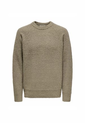 Strickpullover in gedämpftem Olivgrün mit strukturierter Oberfläche, runder Halsauschnitt sowie gerippte Bündchen und Saum; mit Raglanärmeln.