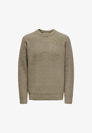 Pull en tricot de couleur olive légèrement atténuée avec une finition texturée, col rond, et poignets et ourlet côtelés ; dispose de manches raglan.