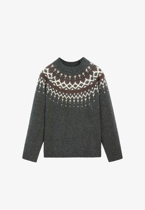 Maglione grigio lavorato a maglia con un colletto tondo. Presenta un motivo decorativo Fair Isle in bianco e borgogna attorno allo scollo. Maniche lunghe.