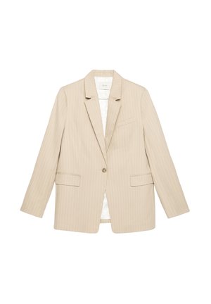 Beige gestreepte blazer met geknipte revers, een enkele knoopsluiting, twee voorkanten zakken en een voering. Gladde textuur, op maat gemaakt ontwerp.