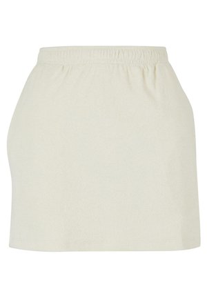 Balta kokvilnas mini svārki ar elastīgu jostu, gluda tekstūra un vienkāršs dizains. Malas ir apstrādātas, lai nodrošinātu tīru apdari.