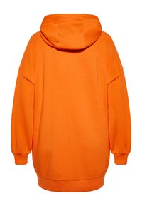 Felpa arancione oversize con cappuccio regolabile, polsini e orlo a costine. Tessuto morbido con una texture liscia, caratterizzata da spalle basse.
