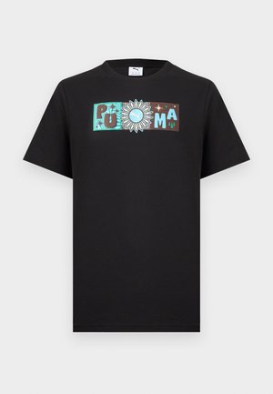 Black short-sleeve shirt with a horizontal logo design featuring "PUMA" letters and a sun with the Puma icon in the center.