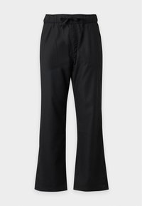 Pantalon noir à jambes larges avec ceinture élastique et lien à cordon, en tissu lisse, présenté de face sur fond uni.