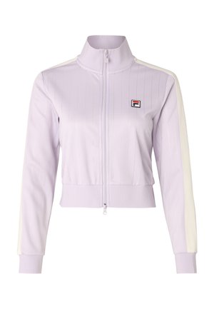 Helllila Zip-Jacke mit vertikalen Streifen, hohem Kragen und weißen Seitenpaneelen. Verfügt über ein kleines Logo auf der Brust und gerippte Bündchen.