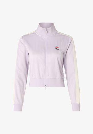 Lilac zip-up jacket with vertical stripes, high collar, and white side panels. Features a small logo on the chest and ribbed cuffs.